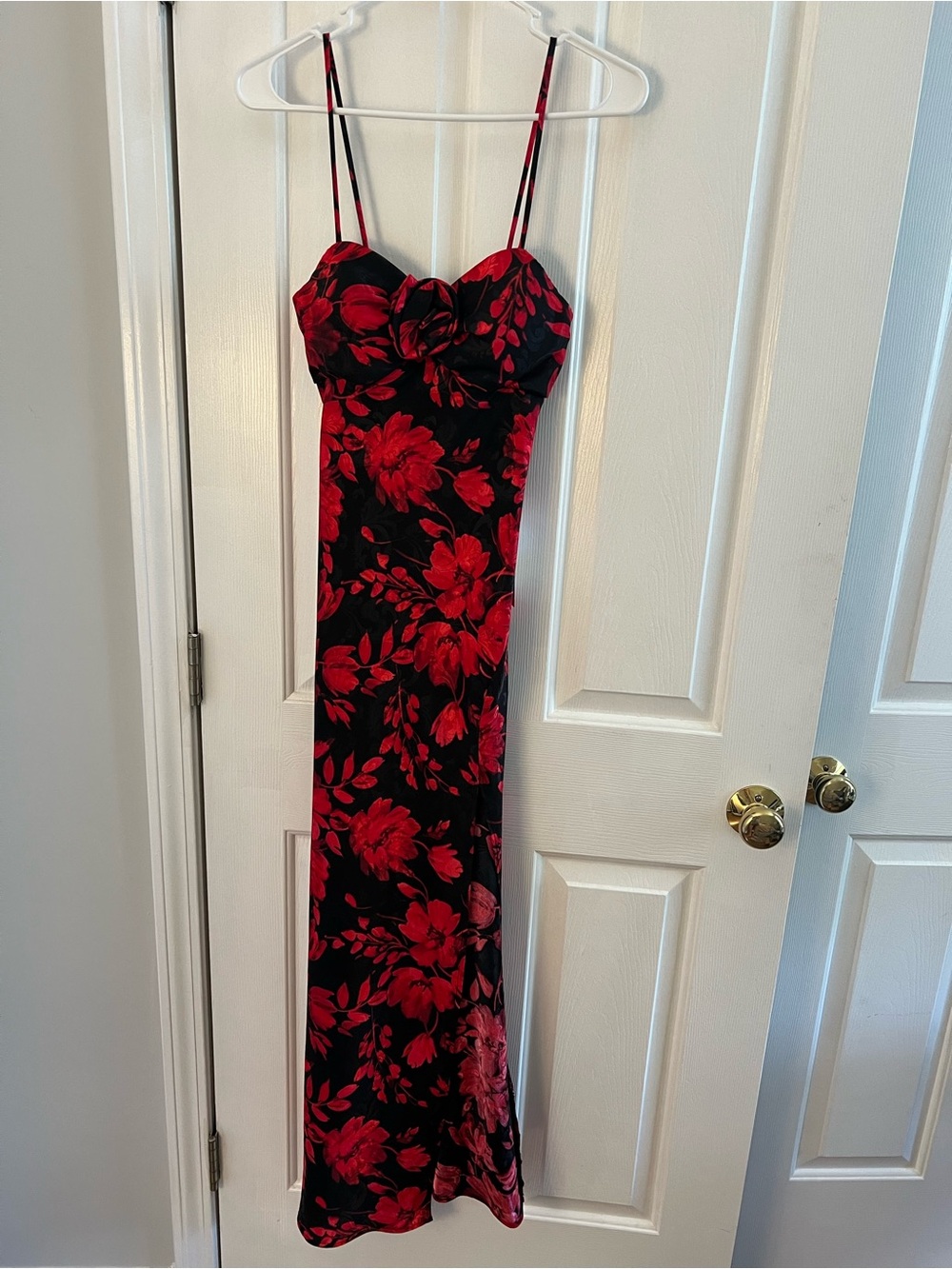 Black Maxi Dress with Red Floral Print and Spaghetti Straps